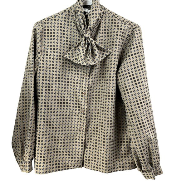 Vintage High Neck Bow Blouse Secretary Shirt Large Geometric Medallion - Picture 1 of 5